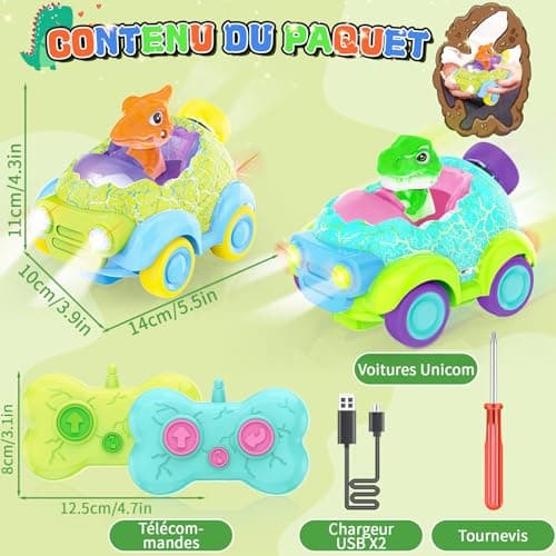 BuzzoXerex Voiture Télécommandée Enfant, Set de 2 Jouet Dinosaure Enfant, Dinosaure Voiture Telecommandé Enfant, Voiture Telecommandé Enfant avec Lumières et Musique, Cadeaux pour Enfants 2-6 Ans