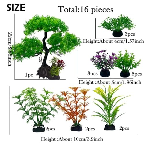 Vibury Décoration D'aquarium Les Arbres, 16 Pièces Vert Plantes Artificielle Aquarium Deco, Terrarium Plante Décoration pour Aquarium