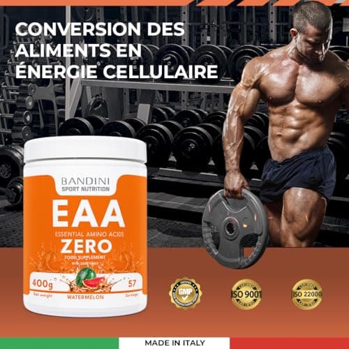 Bandini® EAA ZERO Poudre | Acides Aminés Essentiels 400g Powder | Supplément Végétalien Sans Sucre | Apport Optimal de 9 Acides Amines | Puissant Pre Workout | Boisson Vegan au Saveur de melon d'eau