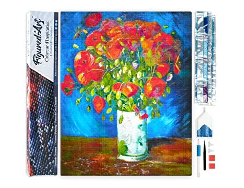 Figured’Art Diamond Painting Broderie Diamant 40x50cm Toile Entière Roulée avec Strass Perles Carrés - Vase avec Coquelicots Van Gogh - Kit Complet 5D DIY Activité Manuelle Loisirs Créatifs Adultes