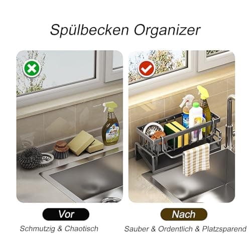 ViWaVee Rangement et Organisation de Cuisine, Organisateur d'évier en Acier Inoxydable avec bac d'écoulement Automatique pour Porte Eponge, Porte Serviettes, Super Accessoires pour Salle-Noir.