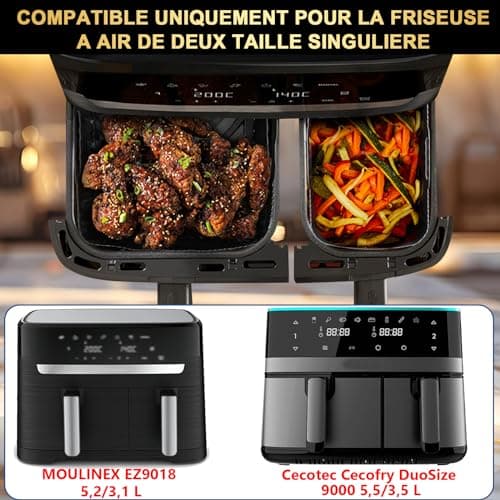 YINGRACE Dual Air Fryer Accessoires pour Moulinex EY9018 5,2/3,1 L, Cecotec Cecofry DuoSize 9L 5,5/3,5L, Deux tailles Dual tiroirs, 6PCS avec moule en silicone, grille, papier sulfurisé pour Airfryer