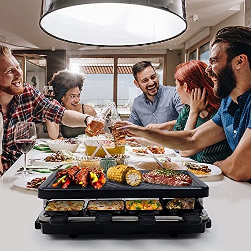 Appareil à Raclette per 8 Persone Grill Électrique de Table Plaque de Cuisson Portatile Grillles Barbecue Machine con 8 Mini Poëlons e 4 Spatole in Legno Plancha Grille Paques Electrique 1300W