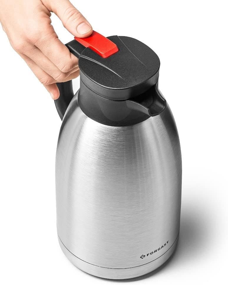 Thermos de conférence | Acier inoxydable | Capacité 2 litres | Rabat avec bouton et poignée en plastique | pour boissons froides et chaudes | Facile à nettoyer | Lavable au lave-vaisselle
