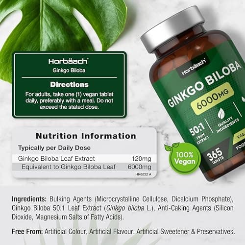 Ginkgo Biloba 6000mg | 365 Vegan Comprimes et non Gelules (1 An) | Extrait 50:1 de Gingko Biloba Forte | Facile à Avaler | Ginko Biloba | par Horbaach
