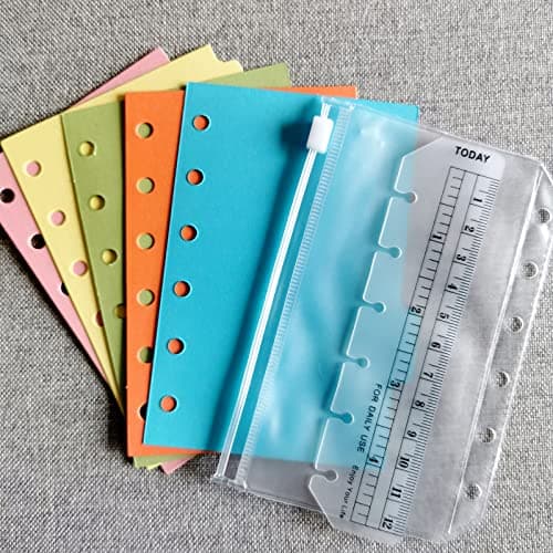 DY.2ten Lot de 3 carnets A7 rechargeables, feuilles lignées A7, pochettes transparentes à fermeture éclair, intercalaires A7, marqueur de règle A7, recharge de papier pour classeurs A5 à 6 anneaux