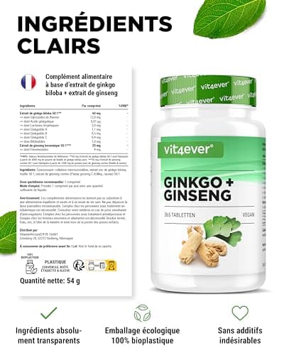 Ginkgo + Ginseng - 365 Comprimés - Extrait Spécial - Hautement Dosé - Ginkgo Biloba + Ginseng Coréen - Qualité Premium - Vegan