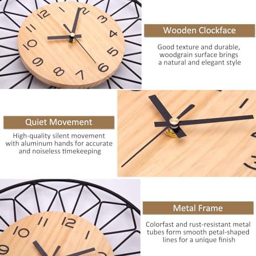VIVILINEN Horloge Murale Bois Massif Métal 30cm Horloge Murale Silencieuse sans Tic-Tac Salon Chambre Cuisine Bureau Grande Pendule Murale Bois Naturel Moderne Classique