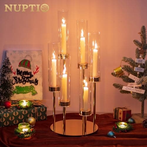 NUPTIO Bougeoirs Or Hurricane Verre - 60cm Grand Bougeoir à Papillon Cylindrique Transparent 6 Bras Bougie Métallique Couvre Cheminée Centrepieces de Mariage Extérieur Tables Décor de Noël