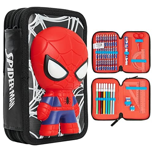 Marvel Trousse Scolaire Garcon, Trousse Compartiments Garnie Fourniture Scolaire, Feutre, Crayon de Couleur, Cadeau Spiderman Avengers Rentrée Scolaire Primaire (3D Spiderman)