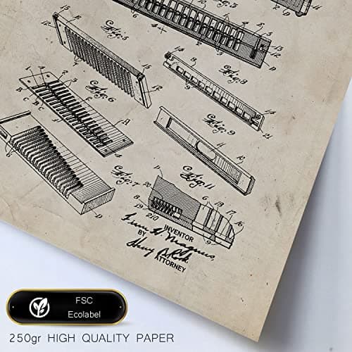Nacnic Ensemble de 6 affiches de brevets Instrument à vent. Affiches avec des illustrations de brevets rétro pour votre maison. Décoration intérieure de style vintage. Formats A4 et A3. Avec cadre.