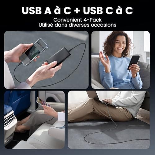 RAMPOW Cable USB C, [4Pack 1M] 2*Cable USB C vers USB C & 2*Cable USB vers USB C Charge rapide PD3.0, Cable iPhone 16, Cable iPhone 15 avec puce E-Mark pour iPhone 16/15, Macbook, iPad, Samsung