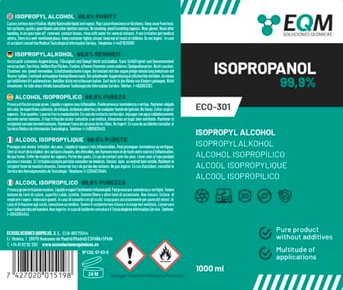 EQM - ECO-301 - Alcool Isopropylique Pur à 99,9% - 1L - Nettoyage de composants électroniques, objectifs et écrans - Nettoyage des résines d'impression 3D