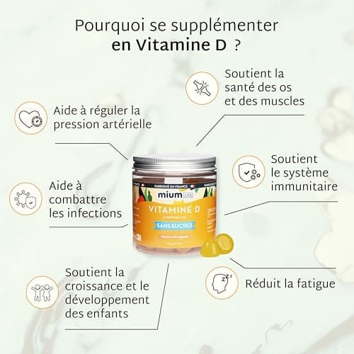 Mium Lab - Vitamine D3 (2000UI) - Hautement dosé et absorbé - Système Immunitaire, Soutient des os, des muscles, Croissance - Enfants & Adultes - Cure 21 jours - Gummies sans sucres Fabriqué en France