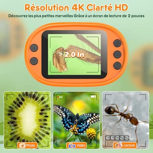 1000X Microscope Numérique Portable pour Enfants - Écran 4K 2,0", Electronique, Rechargeable, avec Kit de Lames - Mini Scope de Poche Cadeaux Éducatifs pour 4-12 Ans