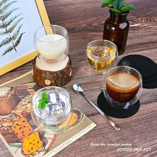 Cieex Ensemble Tasse Expresso Double Paroi de 80ml 4pcs Tasse Café ExpressO avec Cuillères et Dessous de Verre en Feutre