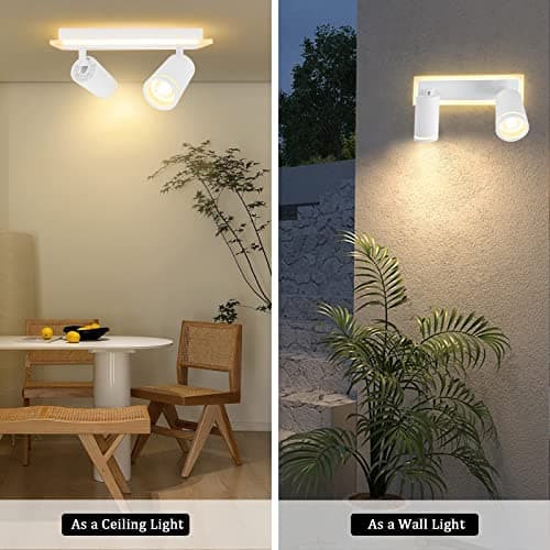 URing Plafonnier LED 2 Spot, Spots de plafond Plafonnier Pivotants & Orientables, Éclairage LED luminaire avec lueur inférieure 7W+ 2x 5W GU10 1700LM, Blanc Chaud 3000K pour Cuisine Salon, Blanc mat