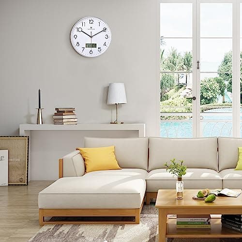 Lafocuse Horloge Murale Calendrier LCD avec Date Thermomètre, Moderne Silencieuse Pendule Murale Argent, Quartz sans Tic-tac Déco pour Salon Chambre Bureau Cuisine 30cm