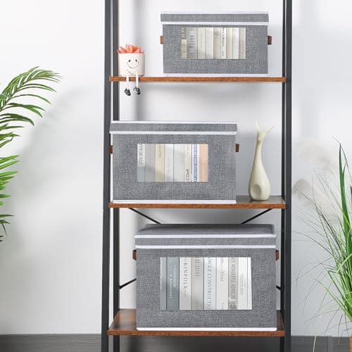 OUTBROS Boîte de Rangement, 33x23x20 cm Boîte avec Couvercle, avec Fenêtre Transparente, Panier en Tissu Pliable, Armoire Panier de Rangement, Gris, Paquet de 1