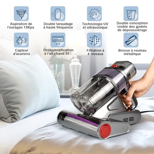 Nailaby Aspirateur Anti-acariens avec capteur d'acariens et Affichage LED, 500 W 15 KPa Aspirateur Anti-acariens pour Matelas avec lumière UV-C, ultrasons, 65 °C 5 s, Chauffage Rapide,élimine 99,99%