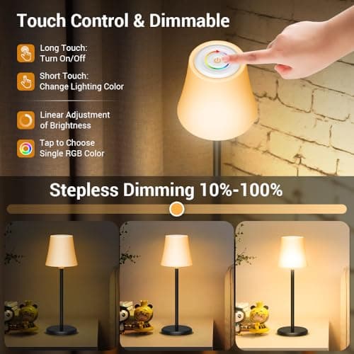 Ainostone 2 Pcs Lampe de Table Sans Fil Avec 3 Température de Couleur +RGB LED Lampe de Chevet Rechargeable Infinite Dimmable Contrôle Tactile IP54 Etanche pour Exterieur Chambre Nouvelle Année Deco