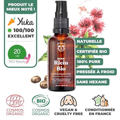Bionoble Huile de Ricin Bio 50ml + Pipette et Pompe - Bouteille en Verre - 100% Pure, Naturelle, Pressée à Froid - Huile de Ricin pour Cheveux Cils Sourcils, Huile Barbe - Castor Oil, Huile Ricin