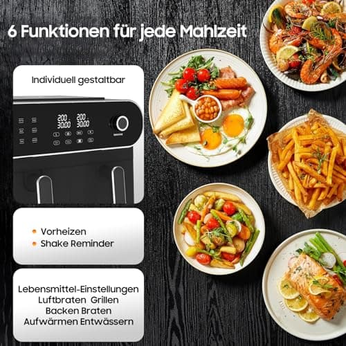 iceagle Friteuse sans Huile Dual Zone Air Fryer 11L – XXL Friteuse à Air avec Double Tiroir | Paniers Doubles Airfryer, 6 en 1, écran Tactile, 1700W, Recettes, Repas Sains pour une Grande Famille