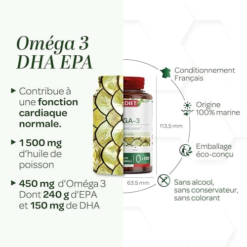 SUPERDIET® - OMÉGA 3 - DHA - EPA - Fonction cardiaque - Huile de poisson sauvage - Nutrithérapie - Conditionné en France - 120 capsules