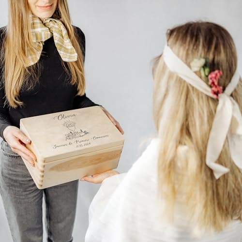 Creative Deco Personnalisé Première Communion Confirmation Cadeau Boite | Boîte à Souvenirs en Bois Garçon et Fille | Personnalisés - Calice et Prière du Chapelet | Personnalisable Idée Coffret