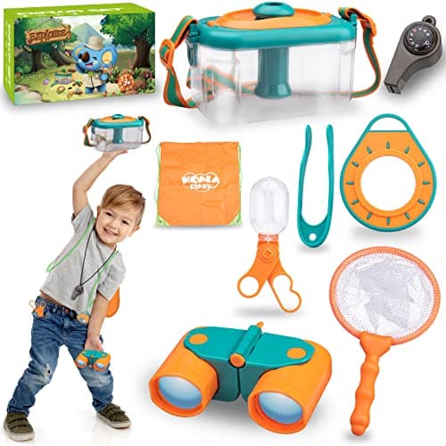 Achiyway Jouets Explorateur Extérieur Enfant Kit, Loupe Jumelle Boussole Papillon Filet Pince à épiler Attrape-Insectes Sac De Rangement, Cadeaux Randonnée Camping Nature éducatifs pour Enfants