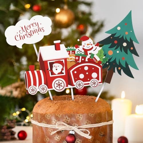 3Pcs Cake Topper Noël Garniture Gâteau Merry Christmas Motif Train Sapin Décoration Joyeux Noël avec Colle