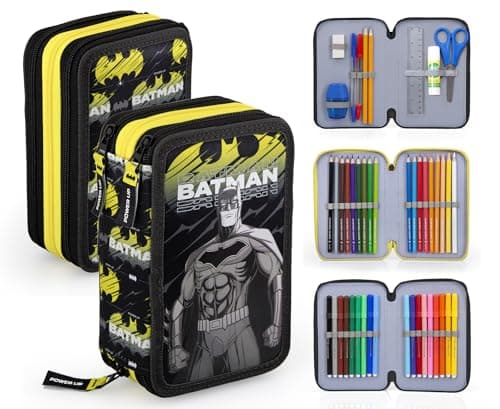Clondo Trousse Triple Remplie Enfant, pour Batman Fan, 45 Accessoires Scolaires, 3 Fermetures Éclair, Compartiments Organisés, Crayons de Couleur, Feutres, Colle, Ciseaux
