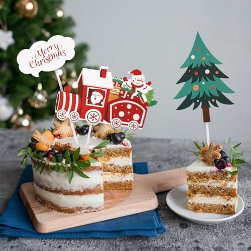 3Pcs Cake Topper Noël Garniture Gâteau Merry Christmas Motif Train Sapin Décoration Joyeux Noël avec Colle