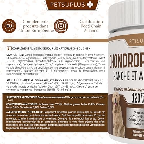 PETSUPLUS Complement Alimentaire Chien - Traitement Articulation Chiens - Chondroïtine, Glucosamine, MSM, Collagène, Acide Hyaluronique - Anti Arthrose & Douleur Articulatoires - 120 Comprimés