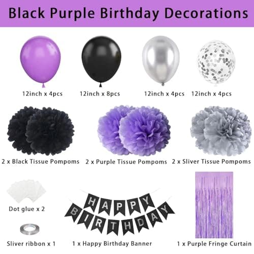 Décorations de fête de joyeux anniversaire noir violet et argent Fournitures de décoration de ballon avec bannière et rideau pour femmes hommes garçons filles 20th 30th 40th 50th 60th 70th Birthday
