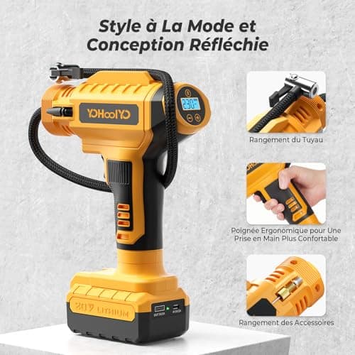 YOHOOLYO Compresseur à Air Portatif Compresseur Voiture 150PSI Gonfleur Pneus Voiture Arrête Automatique avec Ecran LCD Lumière LED Type-C Câble 4 Buses pour Voiture Moto Vélo Balle