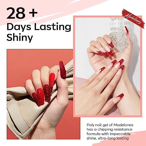 Modelones Polygel Rouge Pailleté 6 Couleurs 15 ml Poly gel Extension pour Ongles Faux Ongles Construction Vernis Semi Permanent Quick Building Gel Complet pour Halloween Manucure Nail Art Kit