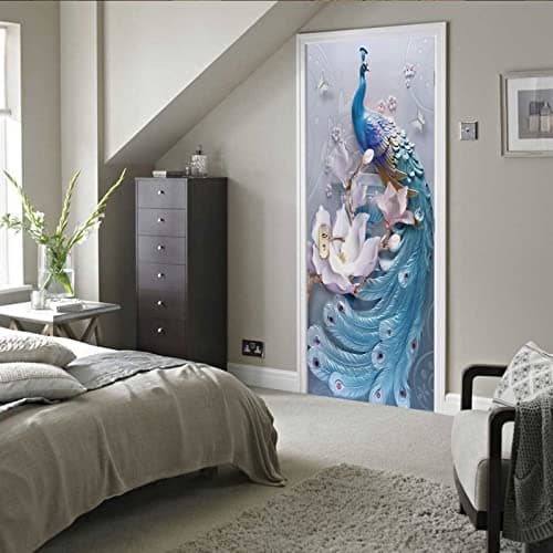A.Monamour Sticker Porte Autocollant Poster De Porte 3D Décoration Intérieure De Paon Bleu Et Fleurs Papillon Vinyle Affiche De Porte Sticker Mural Papier Peint Art Décor 90 x 200 cm