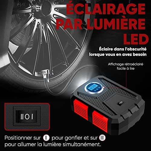 FORTEM Gonfleur Pneus Voiture, Compresseur à Air, Pompe à Vélo, Compresseur Voiture Électrique 12V – Compresseur Portatif Vélos avec Lumière LED, Jauge Numérique et Pompe/Arrêt Automatique (Rouge)