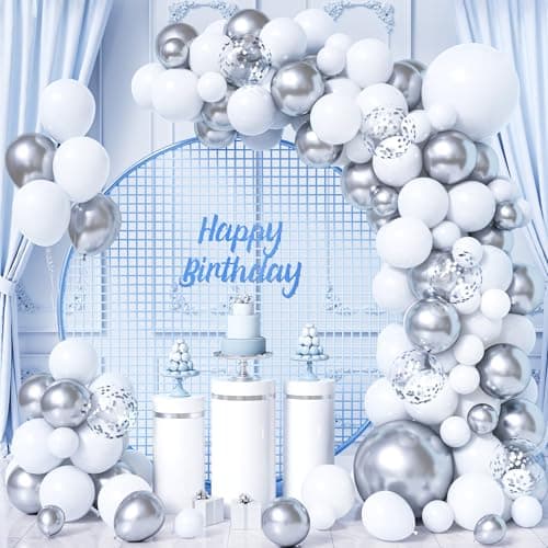 Kit d'Arche Guirlande Ballons Blanc Et Argenté, 116 Pièces Kit d'Arche Ballons Blanc Argenté Métallisé Avec Ballons Confettis Pour Femmes Filles Anniversaire Fête Prénatale Mariage Décoration