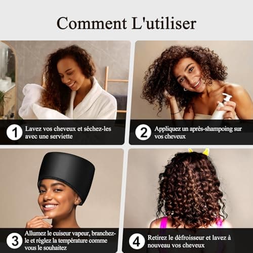 Casque Chauffant Cheveux Vapeur Soin - Charlotte Chauffante pour Cheveux Crepus Afro Bouclés Bonnet Masque Capillaire Salon Hair Cap Spa Maison Proteine Coloration Sèche Cheveux (Noir de jais)