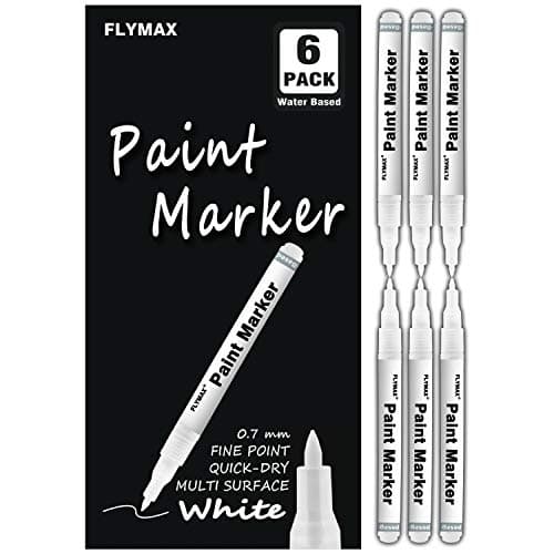 FLYMAX Lot de 6 marqueurs blancs de 0,7 mm pour bois, pierre, plastique, cuir, pierre, métal, toile, céramique, pointe extra fine, encre opaque