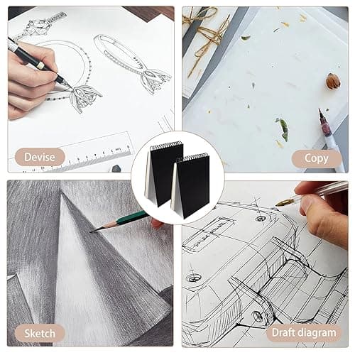 2 Pièces Carnet de Croquis A4, Carnet de Croquis Relié en Spirale, Cahier de Dessin avec Panneau Dur Durable, Cahier Feuille Blanche pour Paysages, Peintures D’artistes, Aquarelles (Noir)