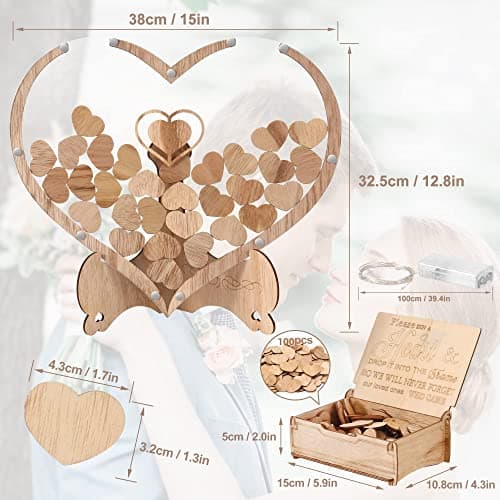 Arespark Livre d'or pour Le Mariage, Conjungo de décoration de Mariage en Bois Cœur, 100 Cœurs en Bois, boîte de Rangement,2 marqueurs,2 Barres Lumineuses, Cadeau, décoration