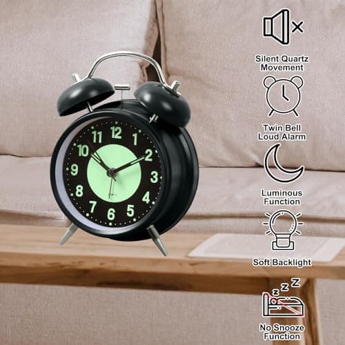ALEENFOON Réveil Double Cloche avec Veilleuse, Réveil à Aiguilles Vintage Retro Silencieuse sans Tic-Tac, Réveil Lumineux Quartz pour Les Gros Dormeurs, Fonctionne à Piles (Noir)