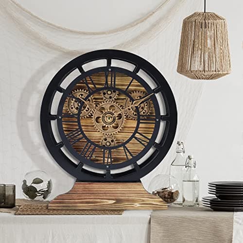 Lafocuse Pendule de Bureau avec Engrenages Mobiles, Bois Industrielle Vintage Steampunk Noire, Transformable en Horloge Murale, Retro Chiffres Romains pour Etagère Table Salon Bar 29cm