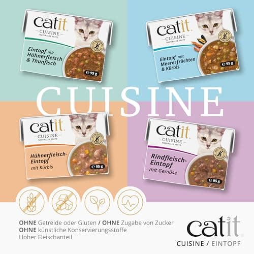 Catit Cuisine Pâtée pour Chats, Ragoût à la Viande de Bœuf et aux Légumes, Complément Alimentaire, 95 g, sans Céréales, Haute Teneur en Viande