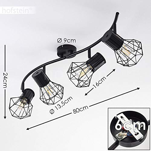 Plafonnier Bardhaman, lampe de plafond en métal noir, 4 flammes, 4 x E27 douille, spot au design rétro/vintage en grille et effet de lumière au plafond, sans ampoules