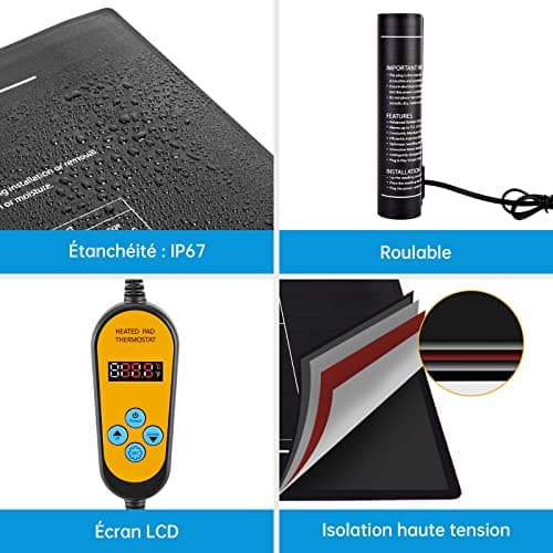 WADEO Tapis Chauffant pour Semis, Tapis Adjustable Chauffage avec Contrôleur de Thermostat 5-45°C (41-113°F), Durable, étanche, Tapis Chauffant pour Plantes, Reptile, Amphibien, 25 x 52cm