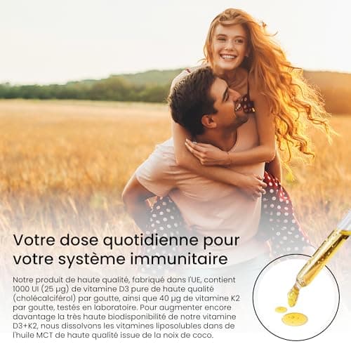 Vitamine D3+K2 Gouttes (50ml) - 1000 IE par Goutte testée en laboratoire - Longue Conservation avec 1700 gouttes - dans de l'huile MCT de Noix de Coco Naturelle, Cholécalciférol Liquide